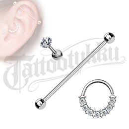 3 tk Industrial Barbell & Cartilage Ehete Komplekt &ndash; 316L Teras / CZ Kristall