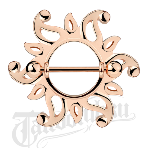Sunburst tribal nipple barbell in rose gold finish